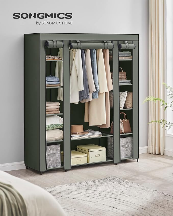 SONGMICS Fabric Wardrobe, 12 Shelves with Clothes Rail and Shelves, Sturdy Wardrobe, for Bedroom, Dressing Room, 150 x 45 x 175 cm, Grey LSF03G