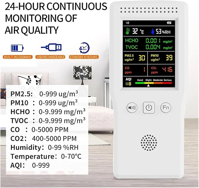 9-in-1 Air Quality Monitor – PM2.5, Temperature, Humidity, with Backlight