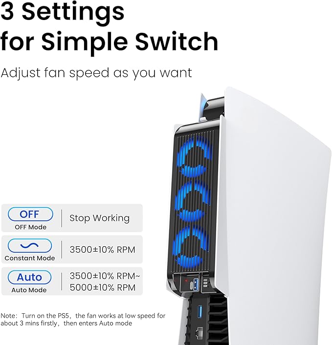 Wentylator chłodzący LED do PS5 – 3 wentylatory, USB 3.0, Plug & Play