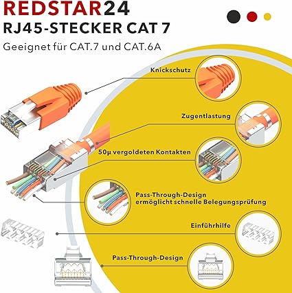 RJ45 CAT7 Pass-Through Network Connectors – Shielded, 10 Gigabit, Gold Plated Contacts