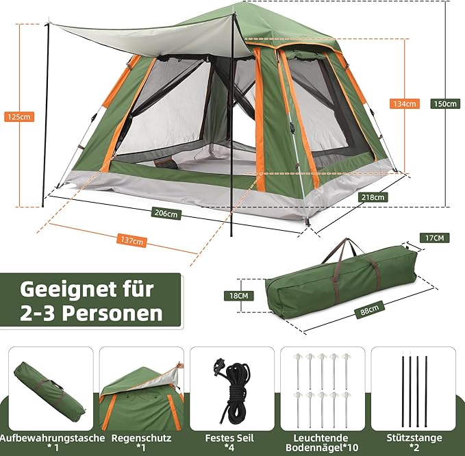 HAUSPROFI Pop-up Camping Tent for 3 People – Automatic, 4 Seasons, Oxford 210D PU3000