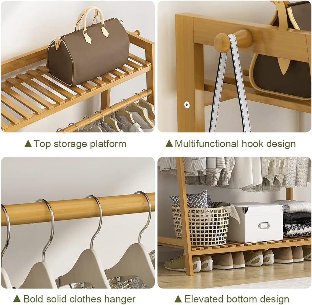 Bamboo clothes rack with shelves and hooks