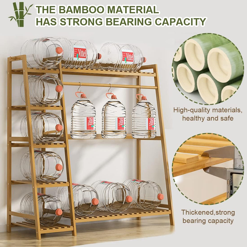 Bamboo clothes rack with shelves and hooks