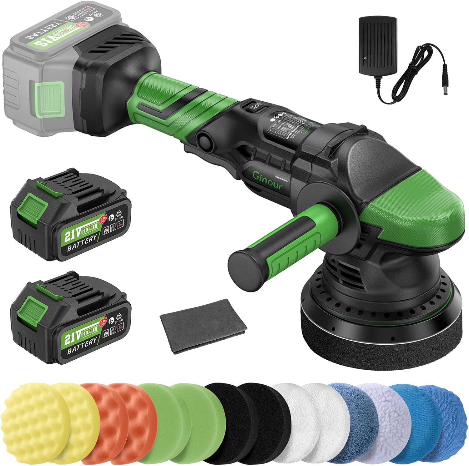 Ginour 900W Cordless DA Car Polisher – 15mm Orbit, 2x 3.0Ah Batteries
