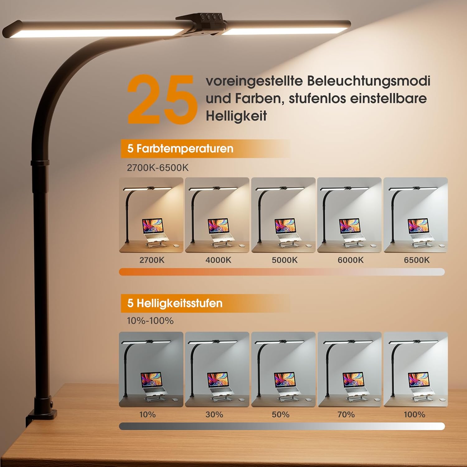 Lampka biurkowa LED 26W – regulacja jasności i temperatury barwowej