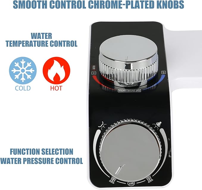 Bidet attachment for toilet seat - pressure and temperature adjustment, dual nozzles