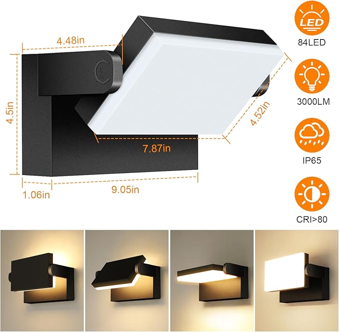 Kingwen 40W Outdoor LED Wall Light – 360° Rotatable, IP65, White