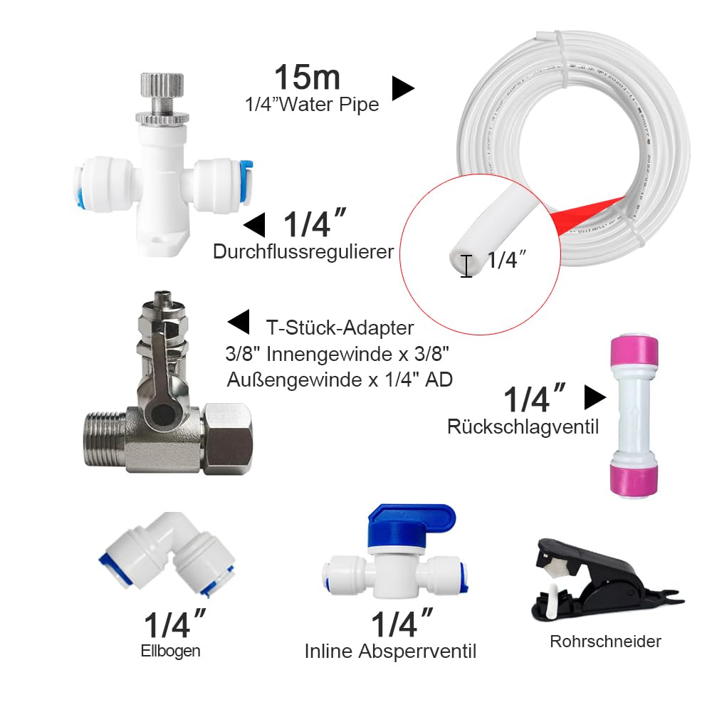 Universal water connection kit for reverse osmosis systems, 15m hose with adapters – 1/4" OD