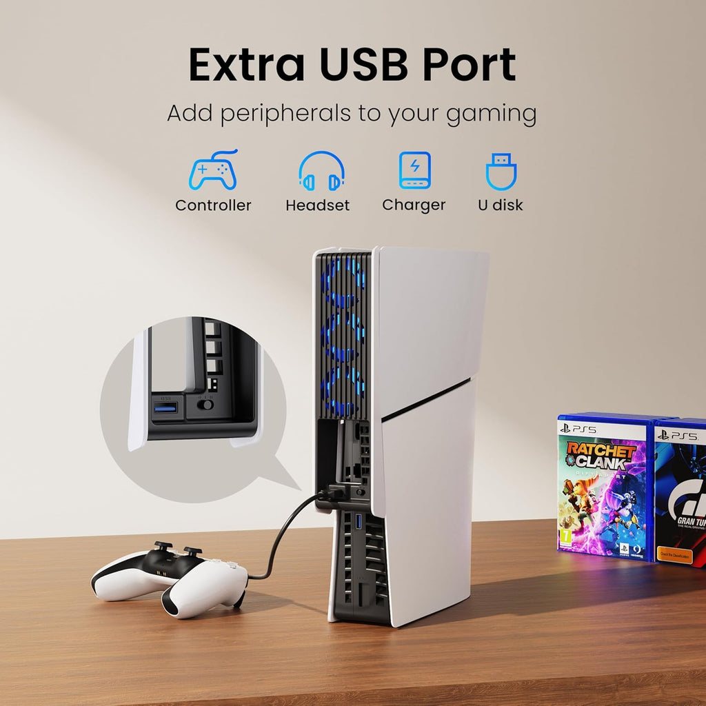 Wentylator chłodzący LED do PS5 Slim – 3 tryby, USB 3.0, Plug & Play