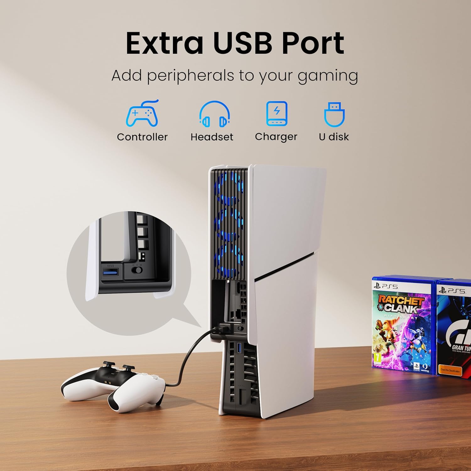 Wentylator chłodzący LED do PS5 Slim – 3 tryby, USB 3.0, Plug & Play