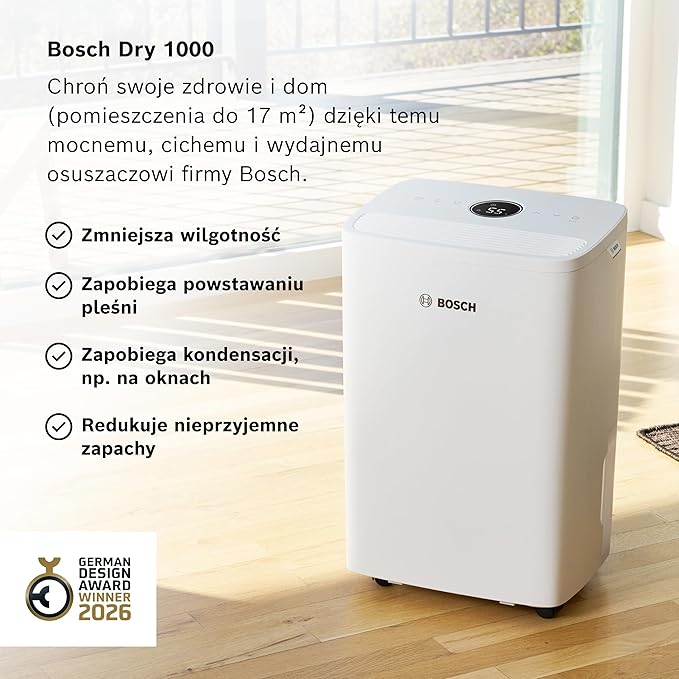 Bosch Dry 1000 – Quiet Dehumidifier for Rooms up to 17m², White