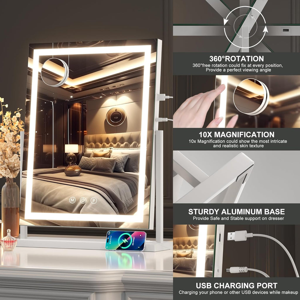 Lustro Toaletkowe z Podświetleniem LED 17"×22" – 6000 lm, 10x Zoom