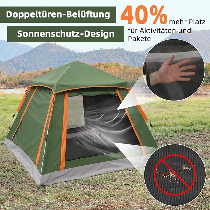 HAUSPROFI Pop-up Camping Tent for 3 People – Automatic, 4 Seasons, Oxford 210D PU3000