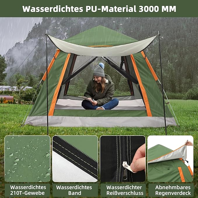 HAUSPROFI Pop-up Camping Tent for 3 People – Automatic, 4 Seasons, Oxford 210D PU3000