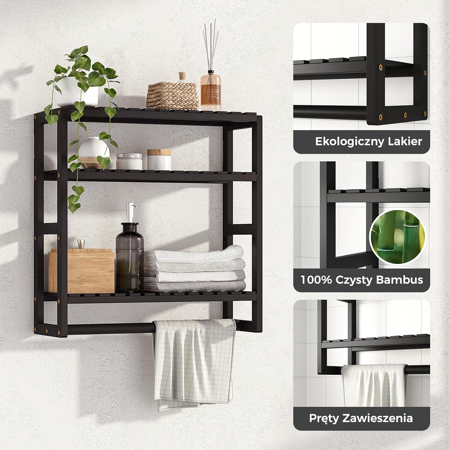 Bamboo Bathroom Organizer – Adjustable Wall Shelf, 3 Shelves