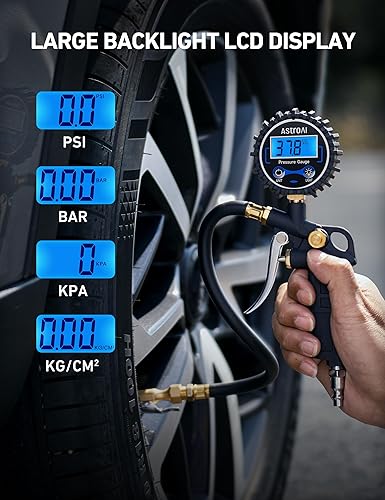 Pistolet do Pompowania z Manometrem LCD – 0–250 PSI, 4 Jednostki, Zawór Odpowietrzający
