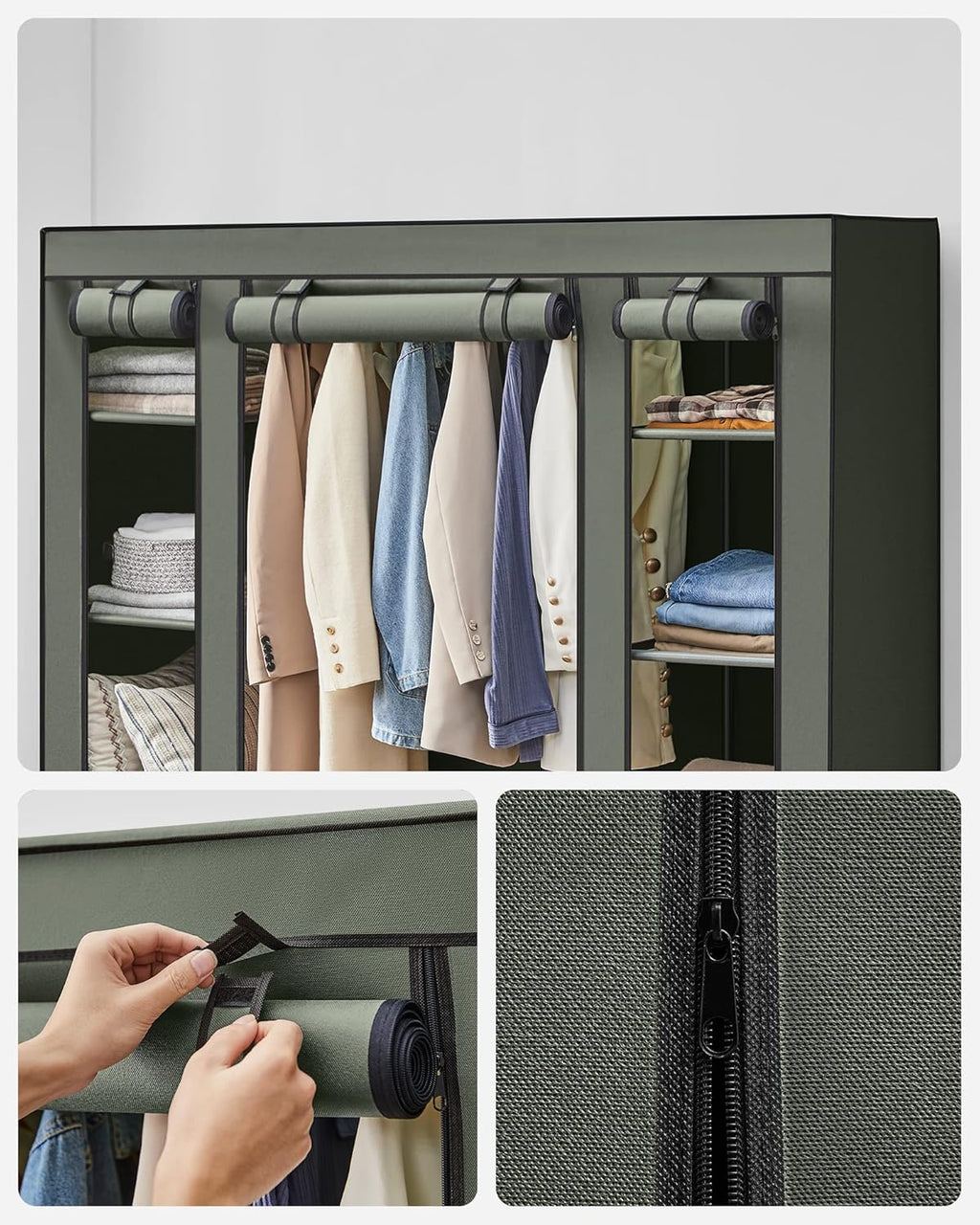 SONGMICS Fabric Wardrobe, 12 Shelves with Clothes Rail and Shelves, Sturdy Wardrobe, for Bedroom, Dressing Room, 150 x 45 x 175 cm, Grey LSF03G