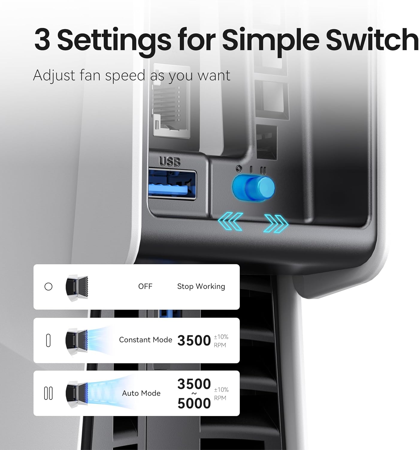 Wentylator chłodzący LED do PS5 Slim – 3 tryby, USB 3.0, Plug & Play