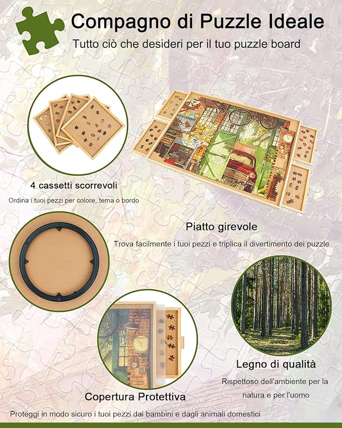 Obrotowy Stolik do Puzzli 1500 Elementów – Drewniany, Szuflady, Przenośny, 64x87cm
