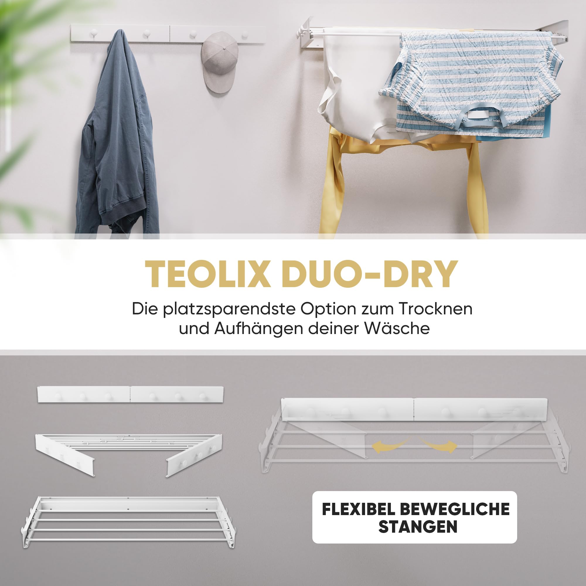 Teolix 2-in-1 Wall Hanger – Foldable, Coat Hook, Space-Saving, White 80cm