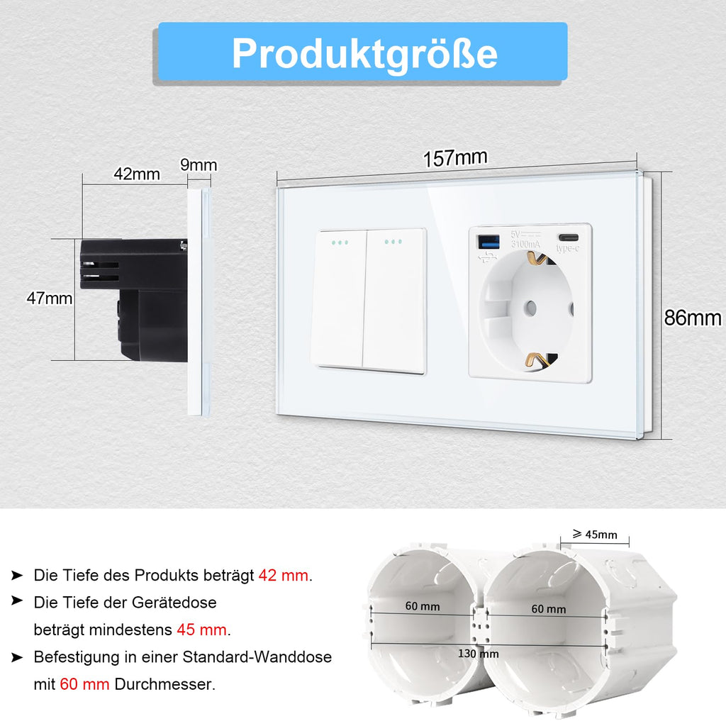 Light Switch with Schuko Socket and USB Ports Modern Flush-Mounted – Black