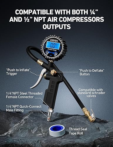 Pistolet do Pompowania z Manometrem LCD – 0–250 PSI, 4 Jednostki, Zawór Odpowietrzający