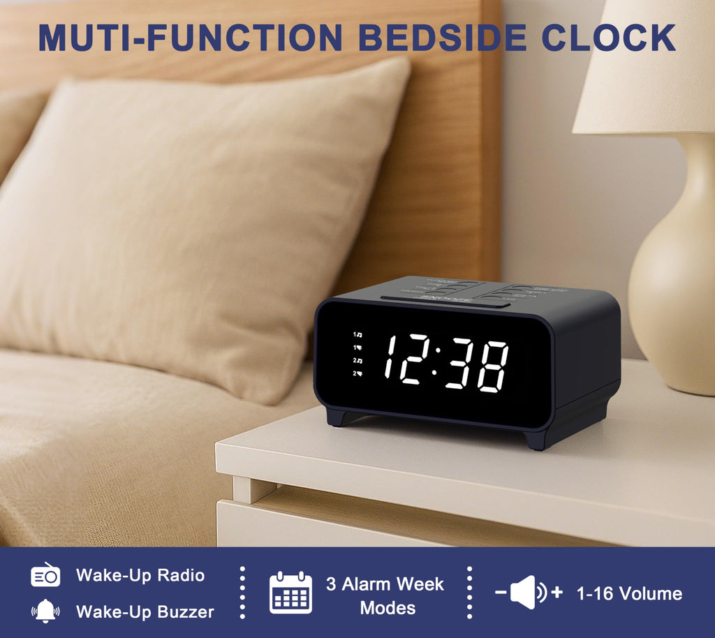 Budzik Cyfrowy z Radiem AM/FM | Podwójny Alarm, Drzemka, Ściemniacz i Lampka Nocna – 213R