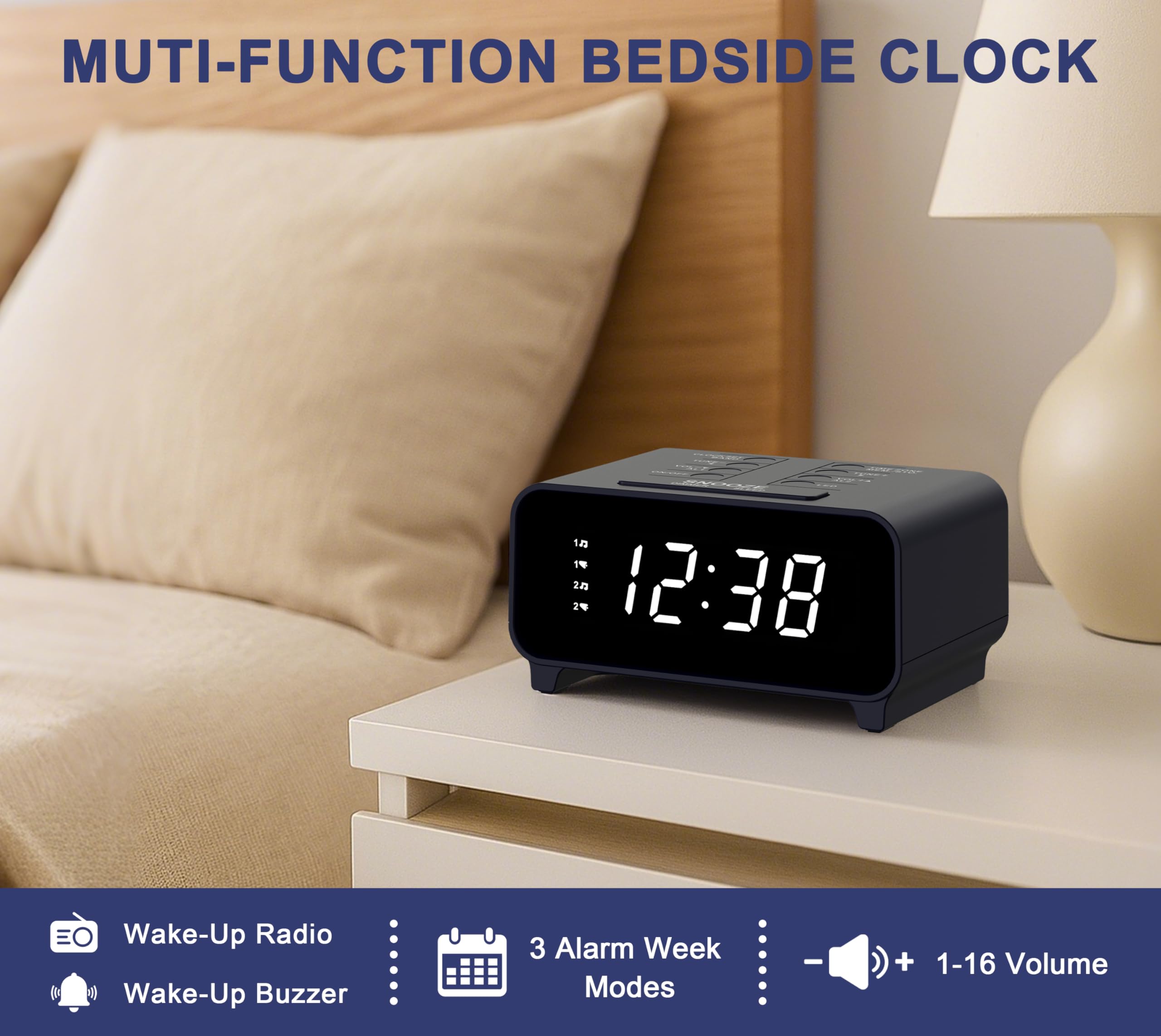 Budzik Cyfrowy z Radiem AM/FM | Podwójny Alarm, Drzemka, Ściemniacz i Lampka Nocna – 213R