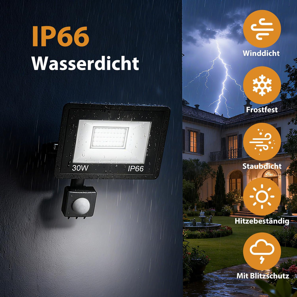 30W LED Floodlight with Motion Sensor – 3000LM, IP65, Outdoor Lighting