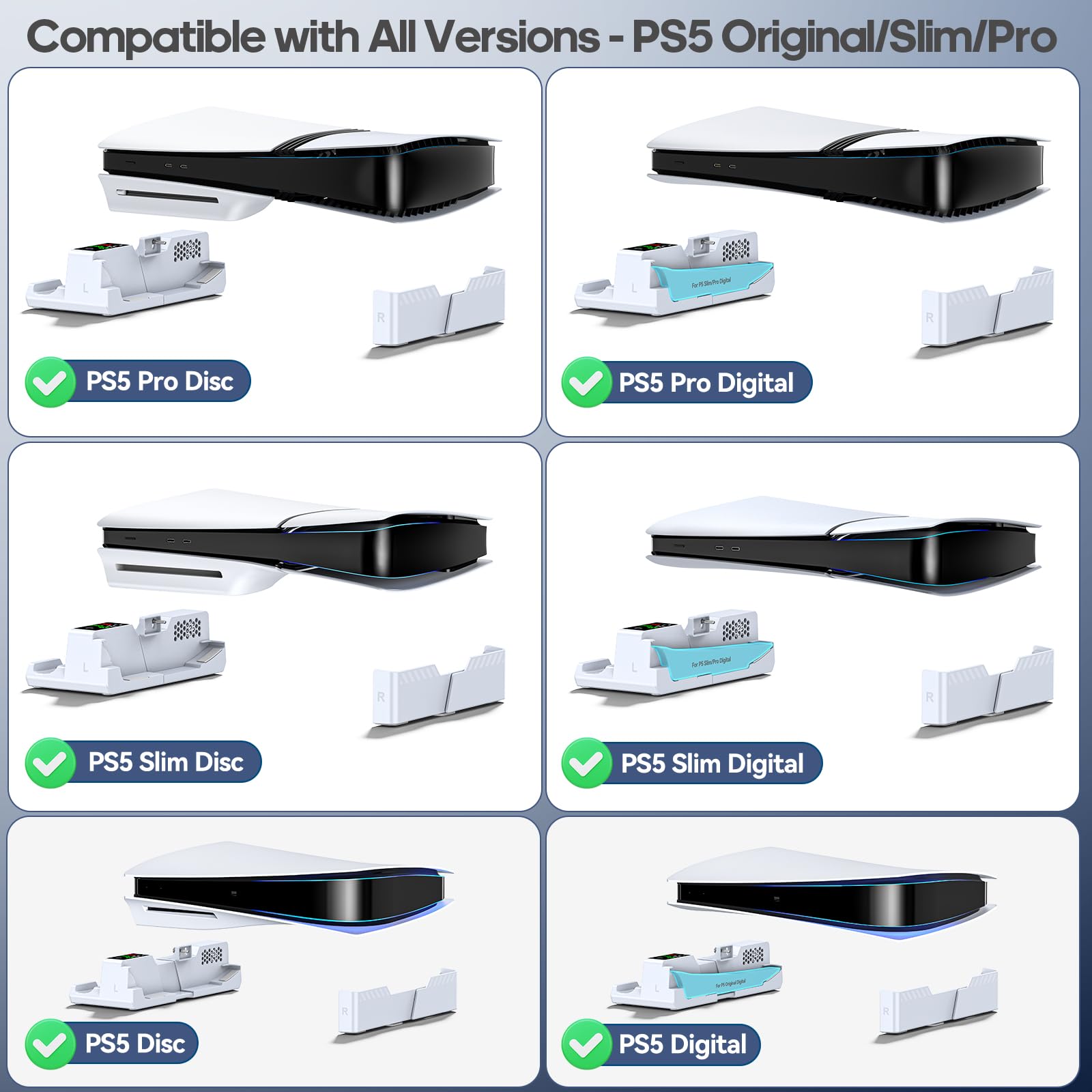 PS5 Horizontal Stand with Cooling Fan and Controller Charger – White
