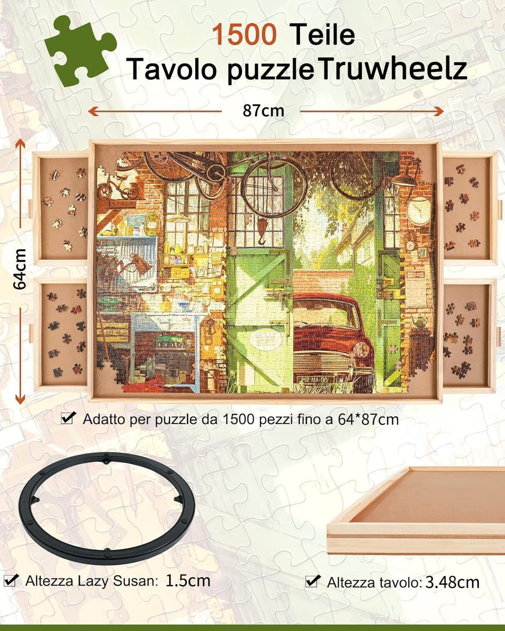 Swiveling Puzzle Table for 1500 Pieces – Wooden, Drawers, Portable, 64x87cm