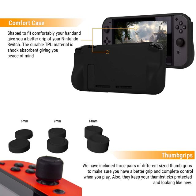 Nintendo Switch Accessory Set Case Screen Protector Joycon Grip - Black