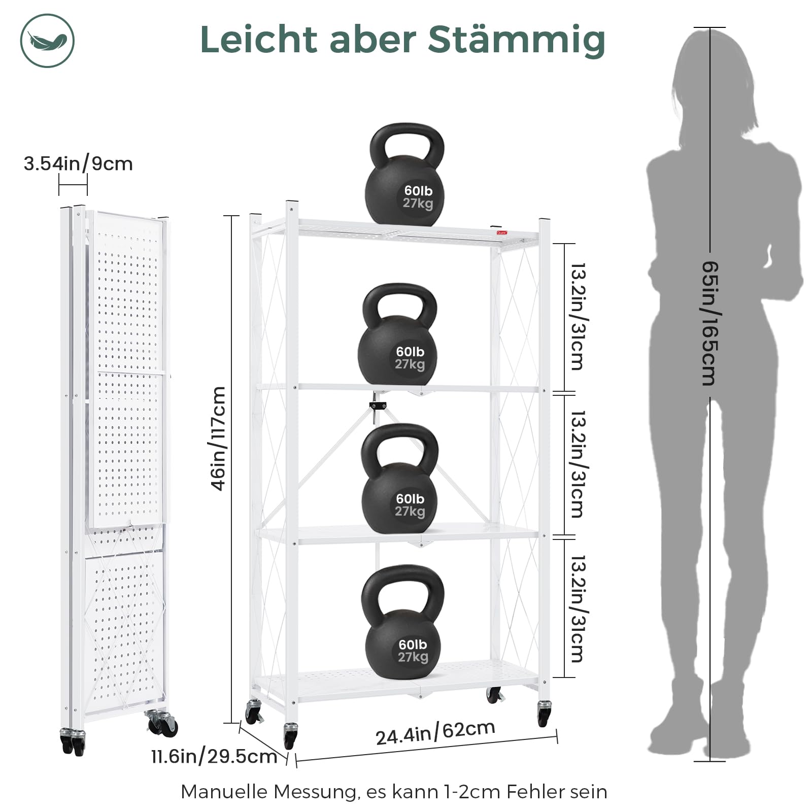 DEANIC Foldable Metal Shelf 4 Tiers – 61x116x28cm, On Wheels, White
