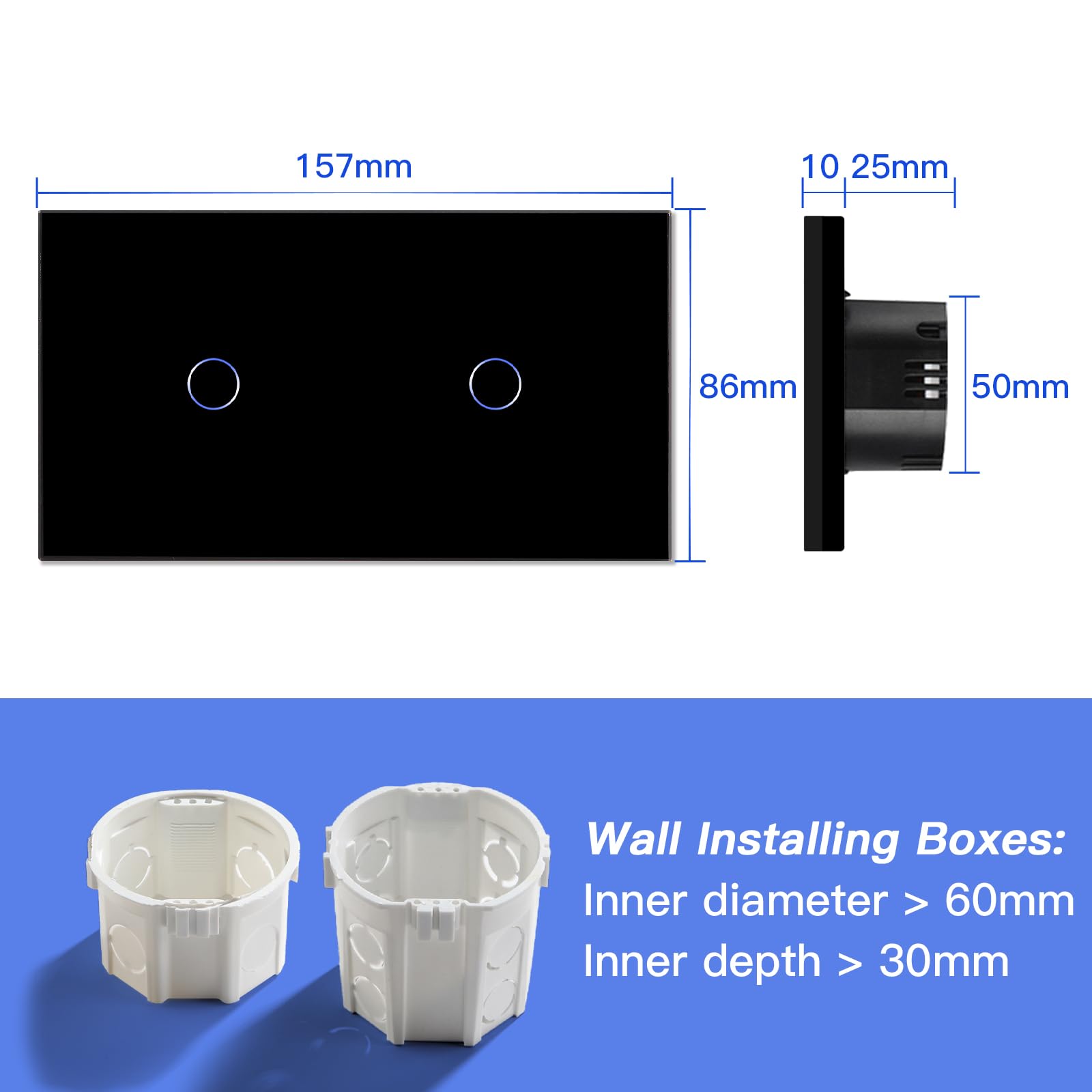 TAWOIA 1-Gang 1-Way Light Switch Glass Plate Touch Control – White 86 x 157 mm