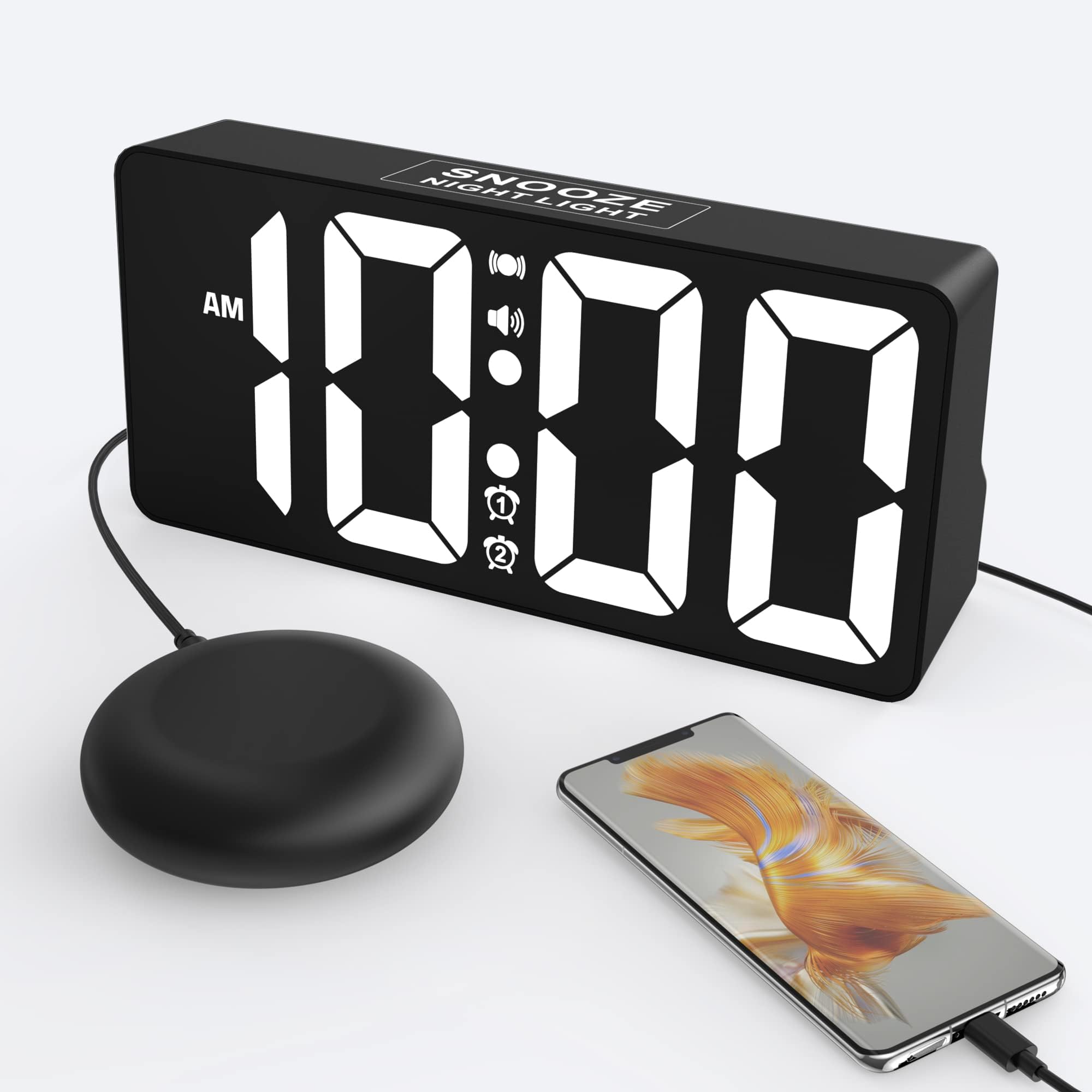 Vibrating Alarm Clock with Dual Alarm and Large Display – For Heavy Sleepers