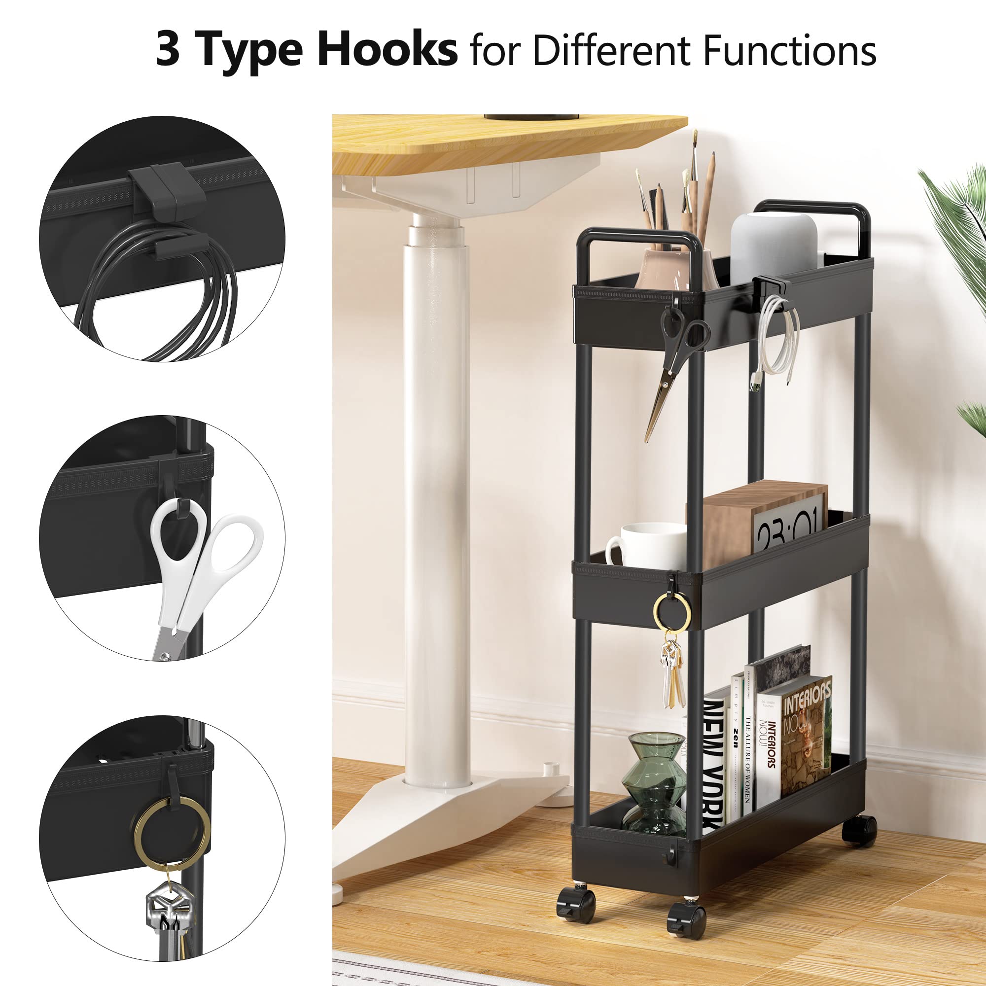 3-Tier Storage Cart Slim Rolling Cart – Black