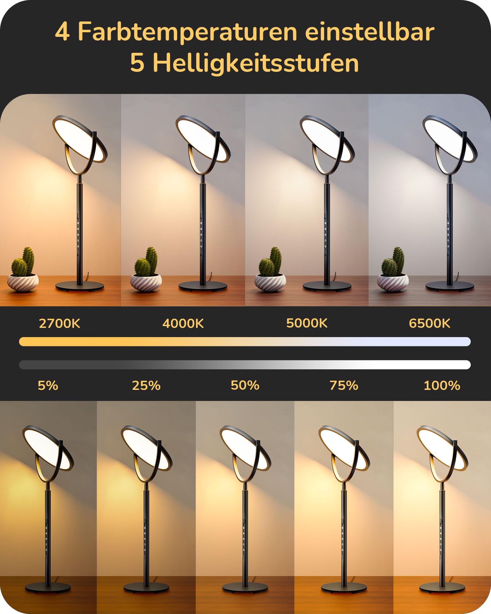 LED Desk Lamp 300° Rotatable Touch Dimmable 5 Brightness Levels - Black