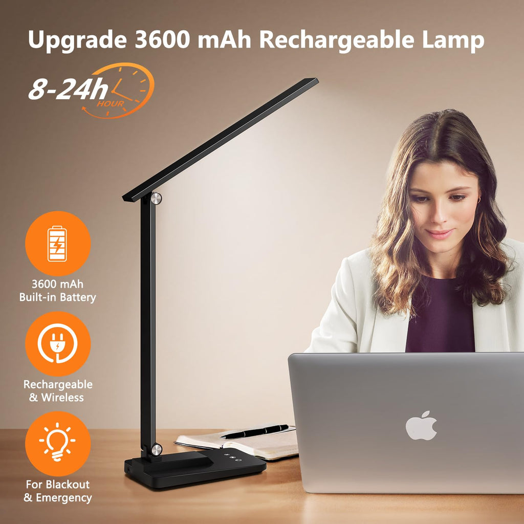 Wireless Rechargeable Desk Lamp 3600mAh Touch 10 Brightness Levels 5 Modes Flexible Eye Protection – Black