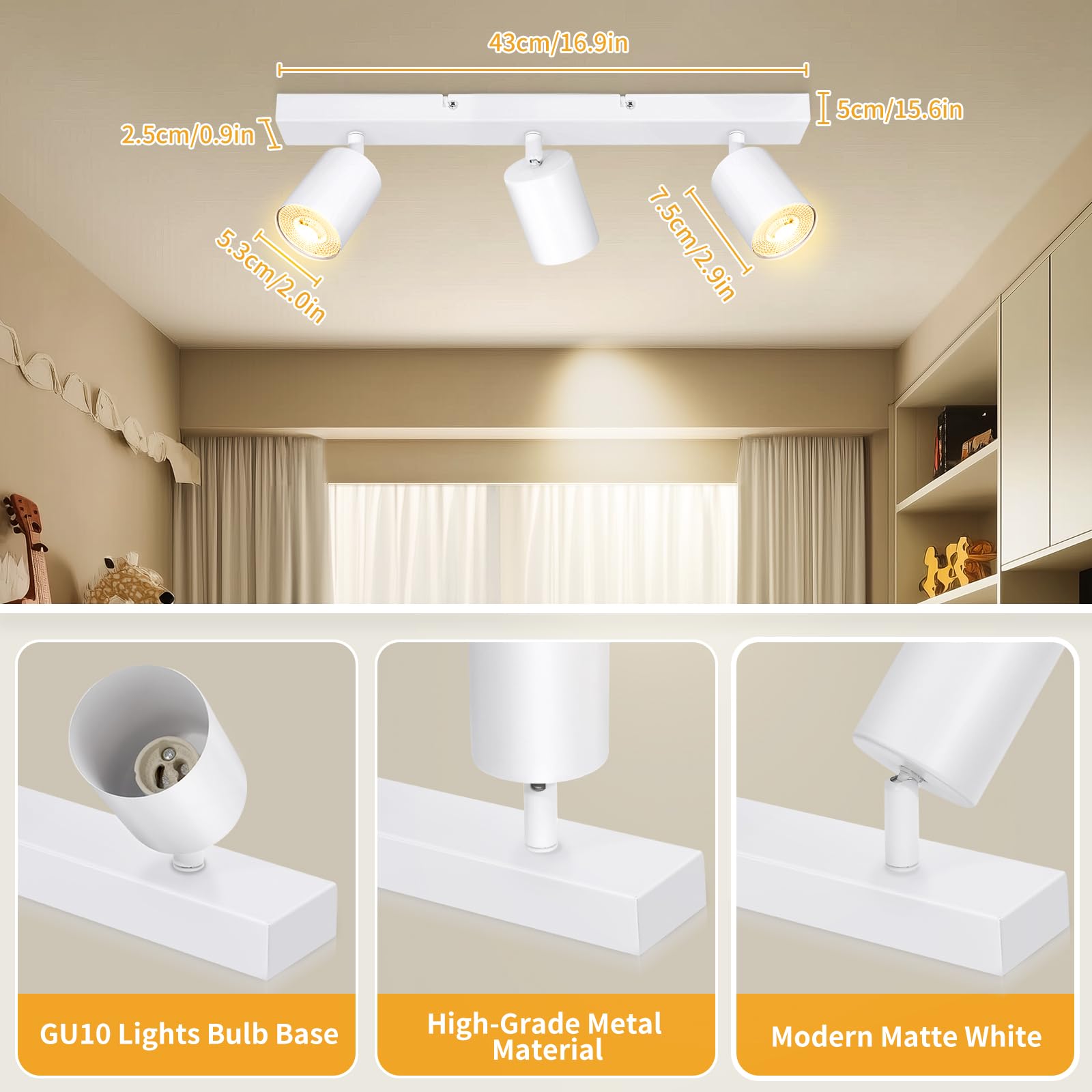 3-light swivel 350° LED ceiling lamp – White