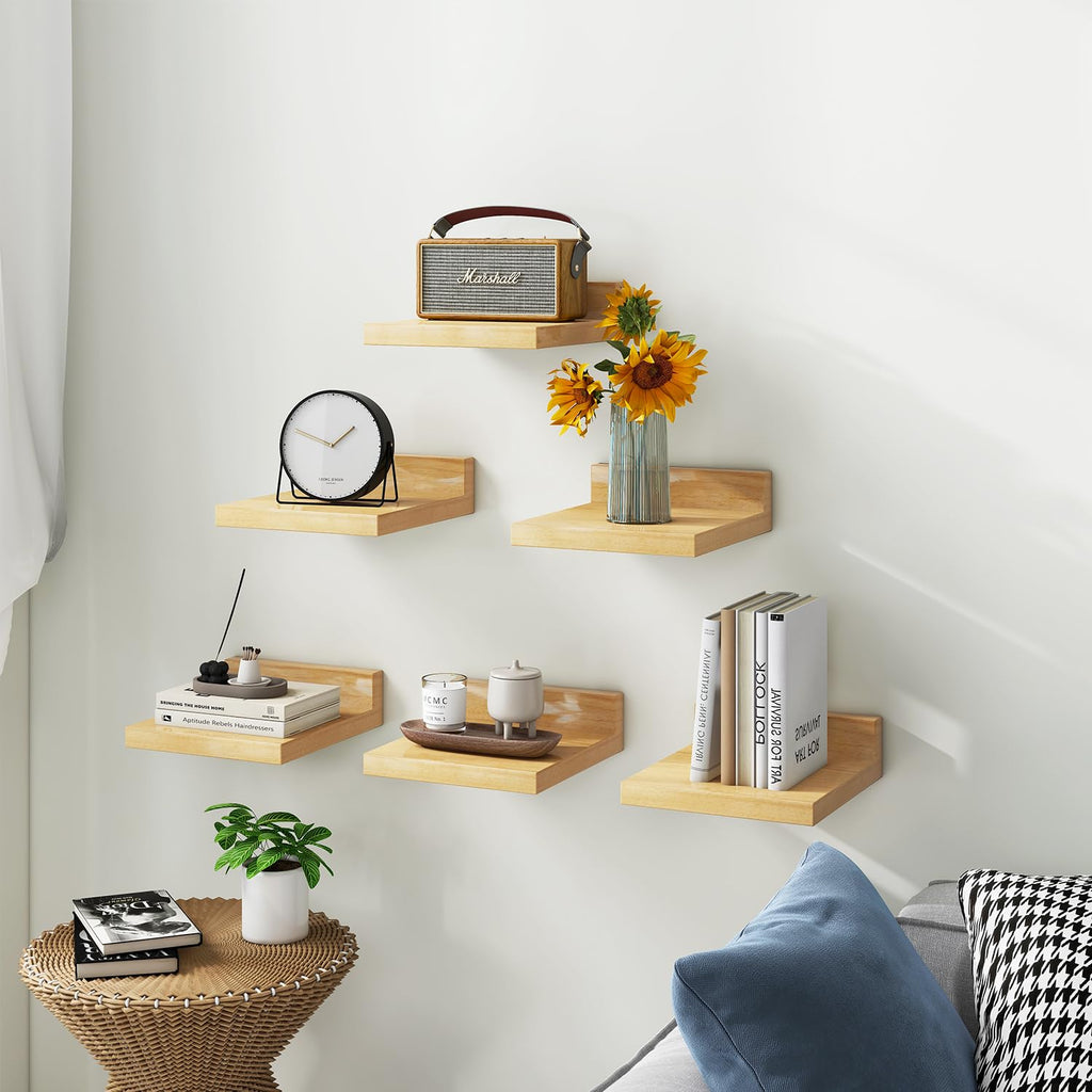 Small Floating Shelf Set of 6 Wooden Wall Shelves for Bedroom and Bathroom - Natural Wood