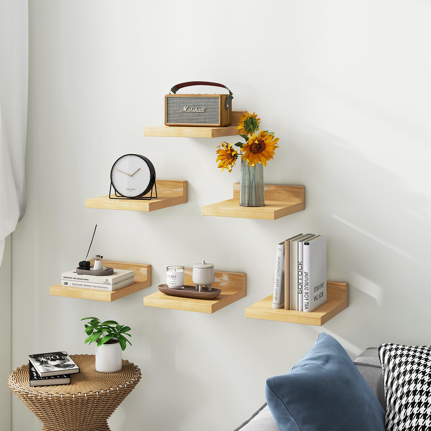 Small Floating Shelf Set of 6 Wooden Wall Shelves for Bedroom and Bathroom - Natural Wood