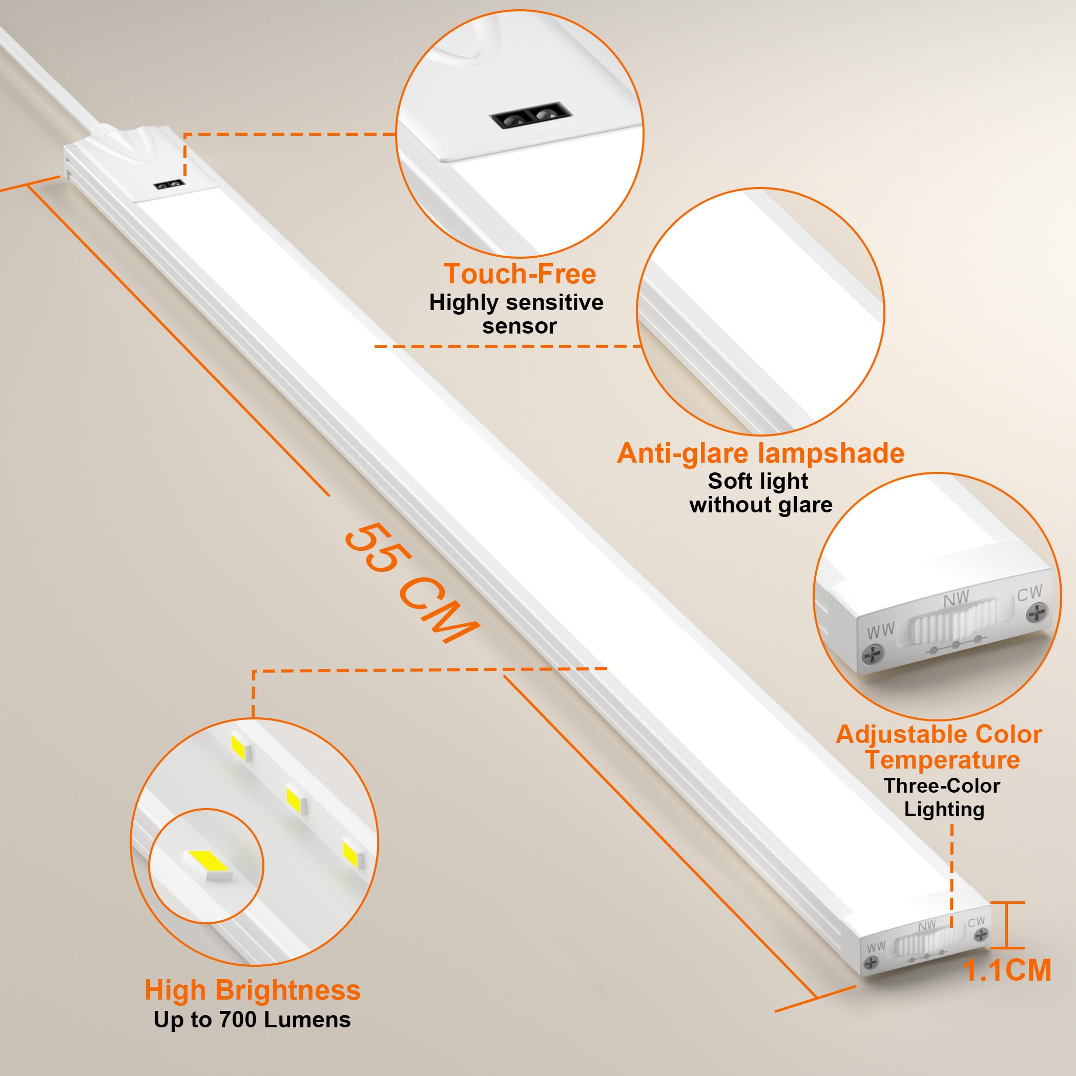Dimmable LED Under Cabinet Lighting 2-Pack Ultra-thin Kitchen Lighting - 55cm