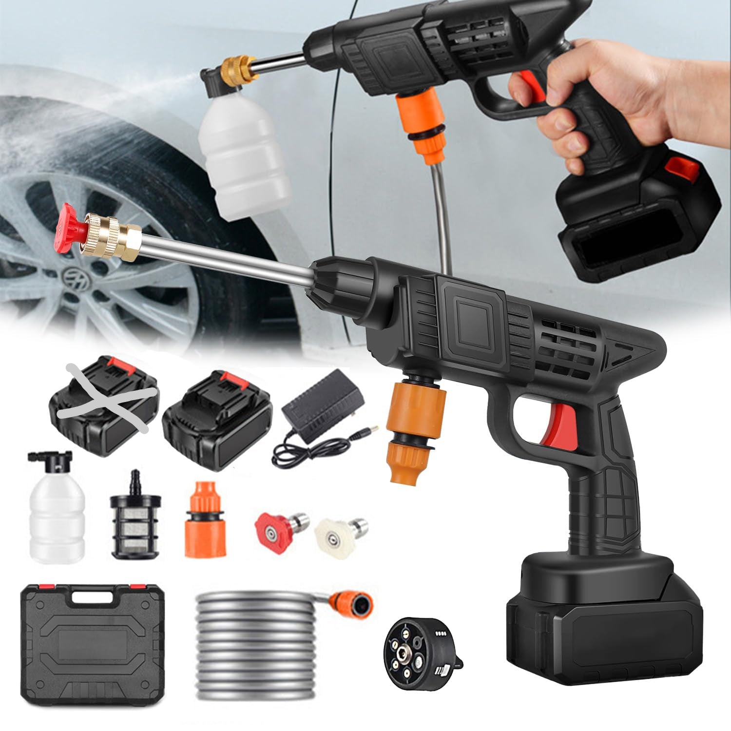 Cordless Pressure Washer 90 bar – 6-in-1 Nozzle, 2 Batteries