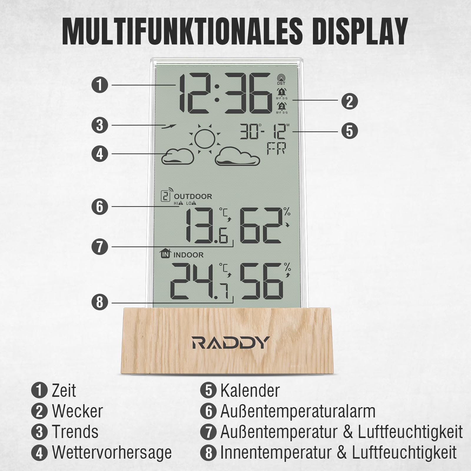 Raddy V5 Wireless Indoor/Outdoor Weather Station Thermometer and Hygrometer – Transparent