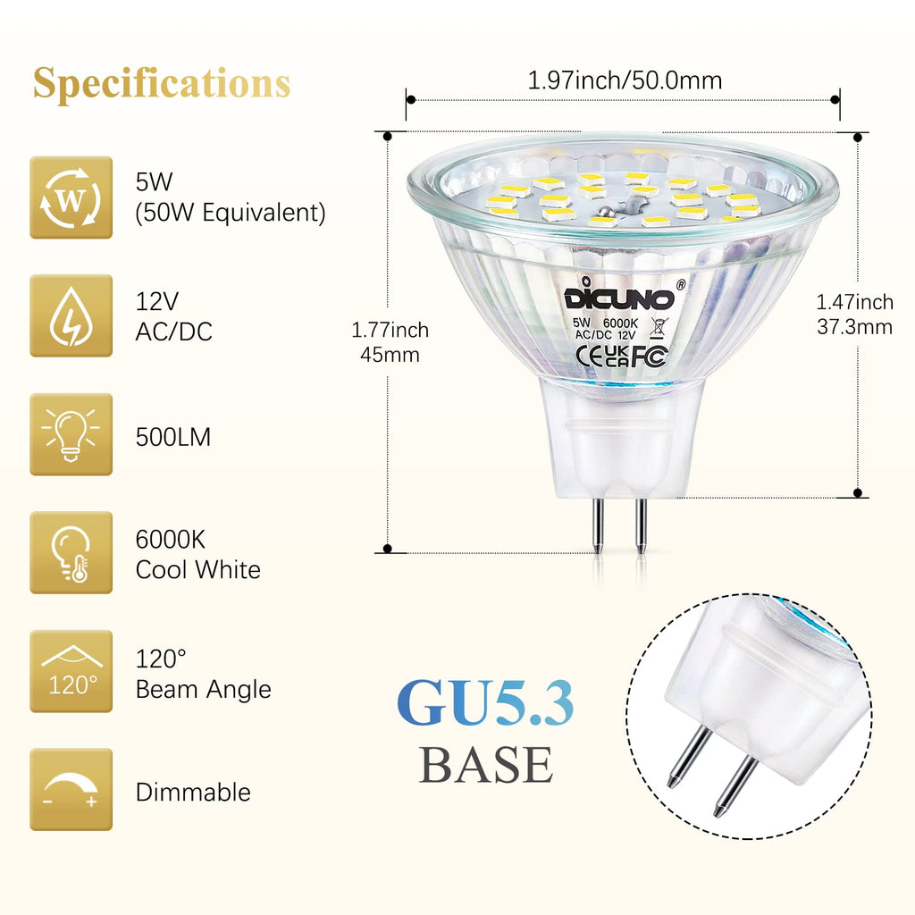 DiCUNO GU5.3 LED Dimmowalny 5W 6000K MR16 Lampa Punktowa 120° Kąt – Opakowanie 10