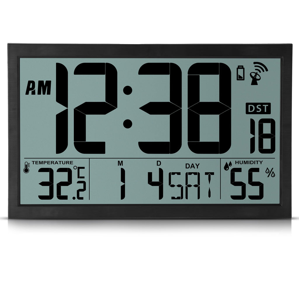 Digital Radio Wall Clock 16.7" with Temp. and Humidity Display – Black