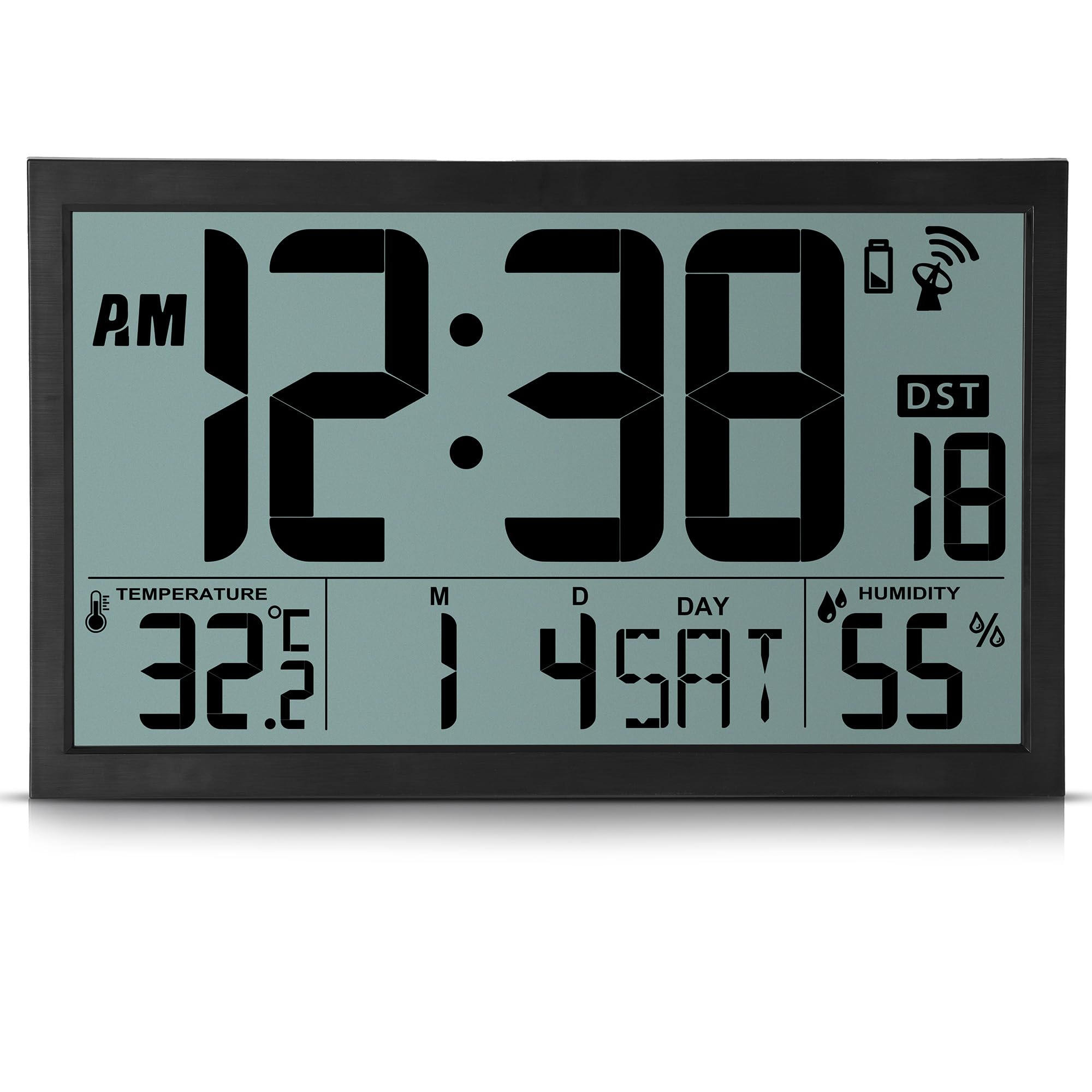 Digital Radio Wall Clock 16.7" with Temp. and Humidity Display – Black