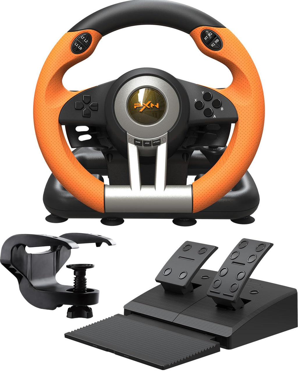 PXN V3 Pro Gaming Steering Wheel with Pedals – 180°, Vibration, Paddle Shift – Orange