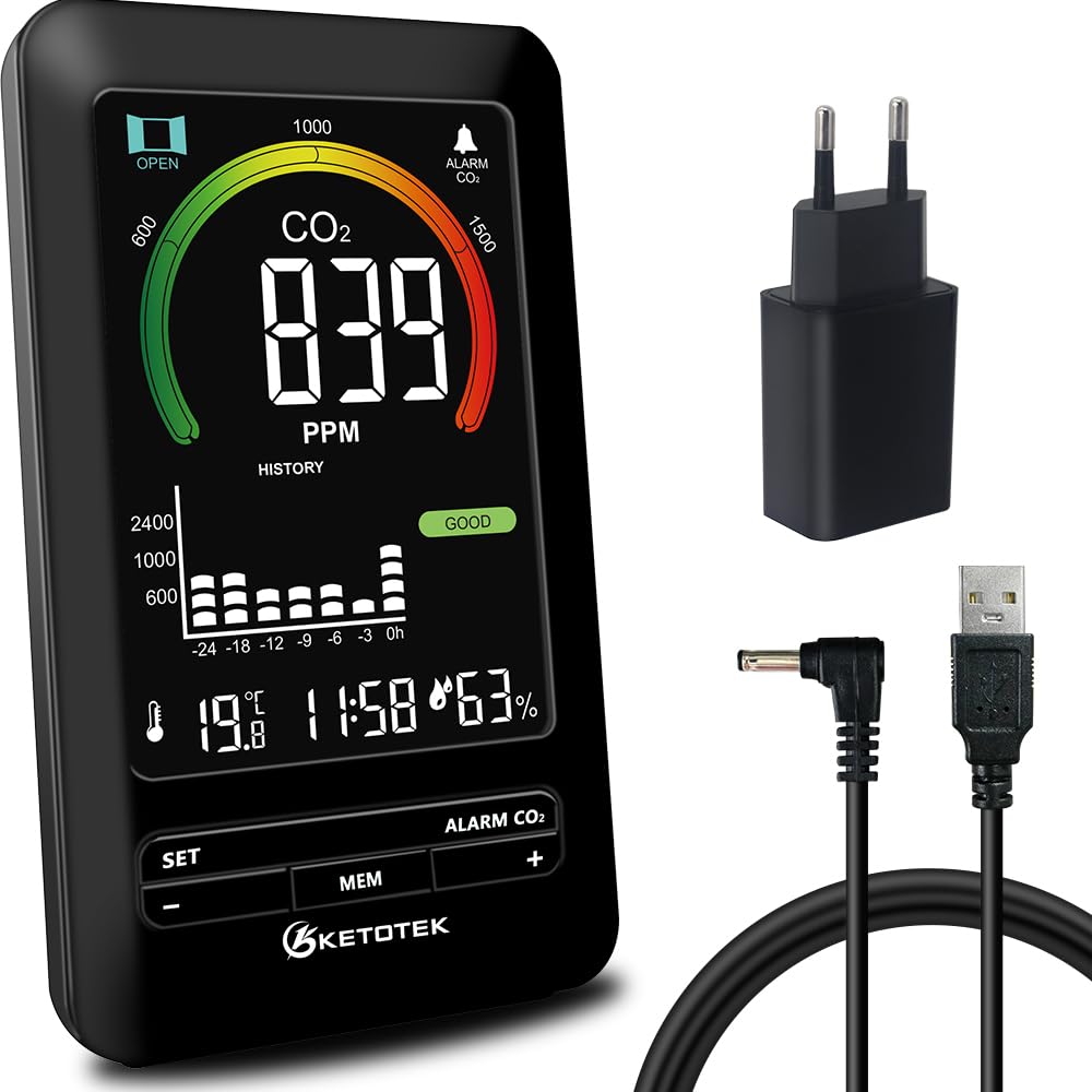 CO2 meter indoor air quality detector temp humidity alarm graphic display - black