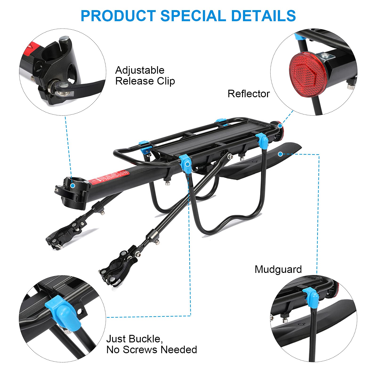 Adjustable MAIKEHIGH 50kg Rear Bike Rack - Black